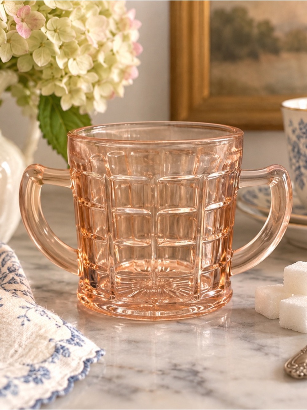 Hazel Atlas Colonial Block Pink Depression Glass Sugar Bowl 1930s Double Handle